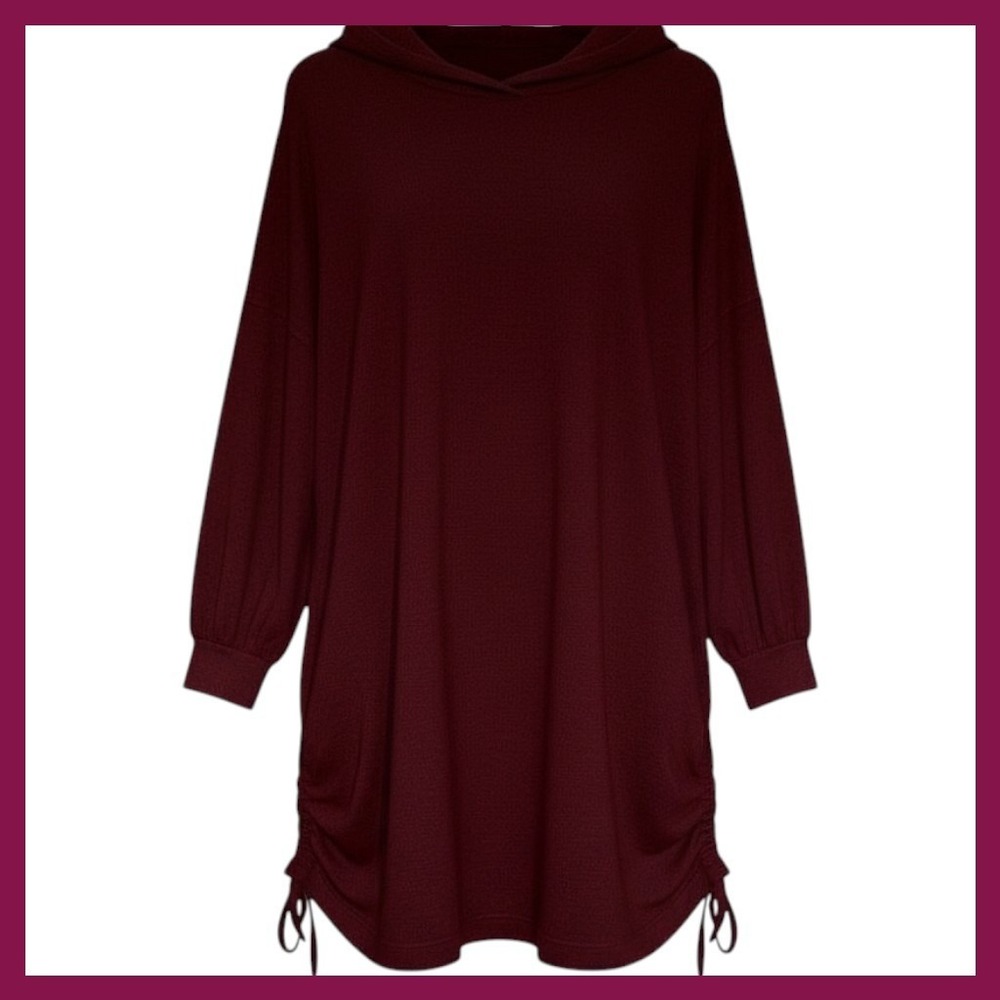 Live Well Hoodie Dress Long Sleeve Burgundy Drawstring Detail Casual